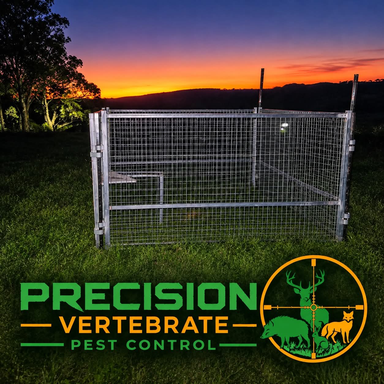 Pig trap for hire, set up in a paddock at sunset, Bathurst